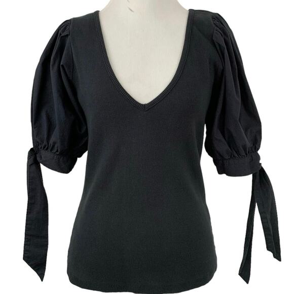 Anthropologie Tops - Maeve Anthropologie Shirt Top Blouse Bows Ribbed Black Fitted Whimsygoth Small